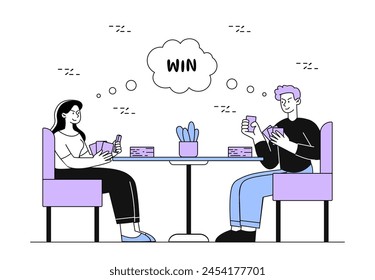 People with card game linear. Table game with man and woman. Friends spending time together indoors. Entertainment and leisure. Doodle flat vector illustration isolated on white background