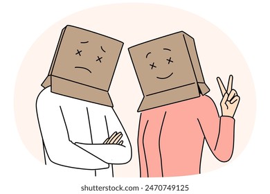 People with cardboard boxes on heads look at screen with sad or cheerful emotions. Man and woman pose with fake mood and show different emotions hiding true psychological or mental state.