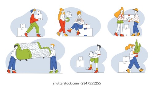 People with Cardboard Boxes and Sofa During Relocation Vector Set