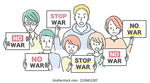 people with cards saying no war