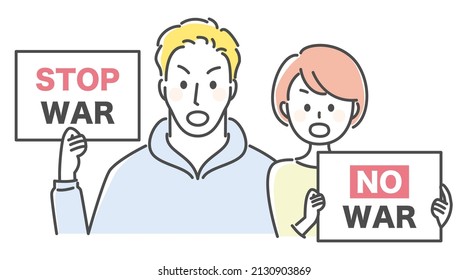 people with cards saying no war