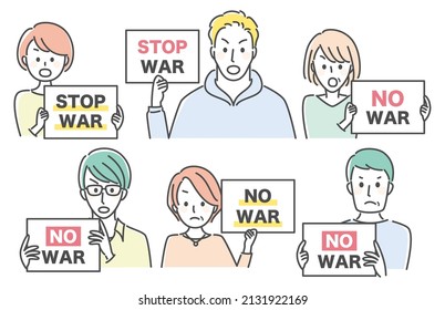 people with cards saying no war