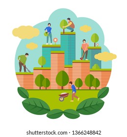 people care about the ecology of megacities caring for gardens on the roofs of skyscrapers, flat vector image