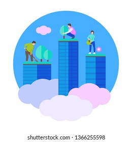 people care about the ecology of megacities caring for gardens on the roofs of skyscrapers, flat vector image