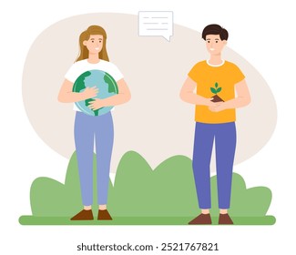 People care about the ecology of the planet, protect nature and the environment. World Earth Day. Eco-friendly concept. Vector illustration