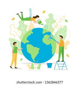 People care about planet. Clean and water it. The concept of the Earth day. Flat vector illustration.