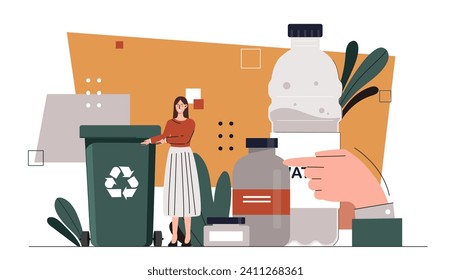 People care about planet concept. Woman near trashcan with plastic bottles. Eco frinedly activists and volunteers. Reducing release of harmful waste into atmosphere. Cartoon flat vector illustration