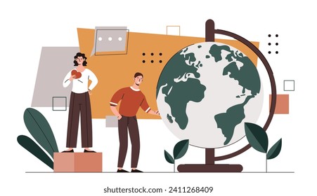 People care about planet concept. Man and woman near globe. Eco frinedly activists and volunteers. Reducing release of harmful waste into atmosphere. Cartoon flat vector illustration