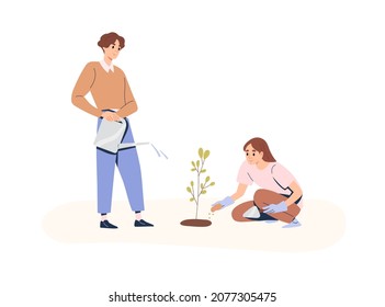 People care about plant. Couple of volunteers cultivating sapling, watering it and fertilizing soil. Man and woman work in garden together. Flat vector illustration isolated on white background