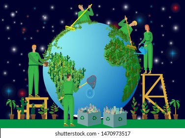 People care about the state of their planet Earth. Cleaning, cleaning, planting forests. It is necessary to protect and protect nature. Pollution control. Vector illustration.