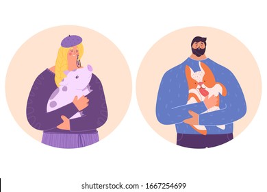 People care for animals. A woman holds a small pig in her arms. A man holds a dog in his arms. Vector illustration.