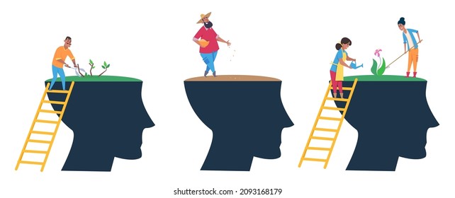 People care for brain. Self love and education metaphor. Man woman planting flowers and cut dry branches, sow perspective good thoughts vector scenes