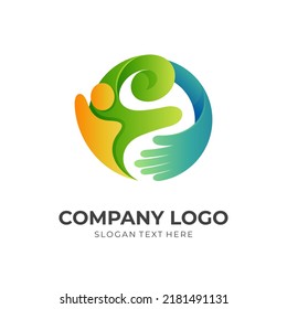 people care design logo, people and hand combination logo with 3d colorful style