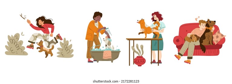 People care of dogs, characters spend time with pets. Men and women walking and playing with animals, relaxing open air, love, hugging, bathing and visit vet clinic Linear flat vector illustration