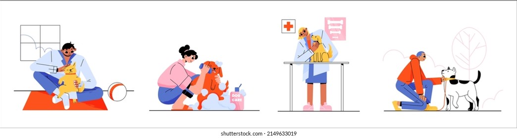 People care of dogs. Male and female characters walking, playing, hugging or washing, visit veterinary clinic with pets. Leisure, communication, love to animals. Linear flat vector illustration, set