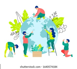 People care for the earth. Men and women work together for the good of the planet. Characters clean and plant plants on the globe. Vector banner on the ecology of volunteering and saving the planet.