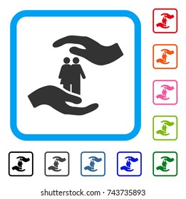 People Care Hands icon. Flat grey pictogram symbol inside a blue rounded rectangle. Black, gray, green, blue, red, orange color variants of People Care Hands vector.