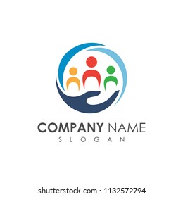 People Care Logo Design Template, Social Care Logo,  Human Group Logo, Hand With People In Circle Shape Vector Icon