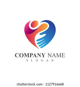 People Care Logo, People With Hand In Heart Shape, Logo Template