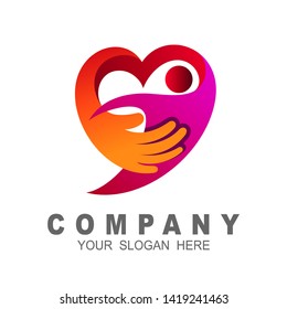 people care logo, people with hand in heart shape, logo template, love icon