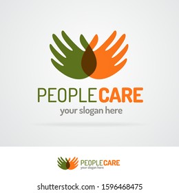 People care logo with hands for business sign, protection, voluntary and philanthropy organization, medical company, healthy firm. Vector 10 eps