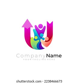 People care logo with letter U design social, family and arrow