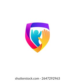 People care logo with shield design social, hand and children logos
