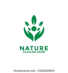 People Care Nature logo. People with Hand and leaf logo design. Nature Green Leaf Ecology logo vector template