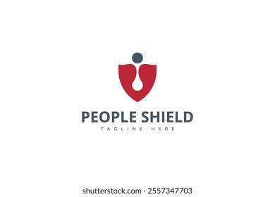 People Care And Protection Logo. Human Symbol Combined With Shield Isolated On White Background. Flat Vector Logo Design Template Element Usable For Healthcare And Security Logos.