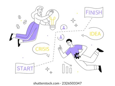 People with career problems line concept. Entrepreneur and investor, colleagues and partners working on startup. Motivation and leadership, entrepreneurship. Linear flat vector illustration