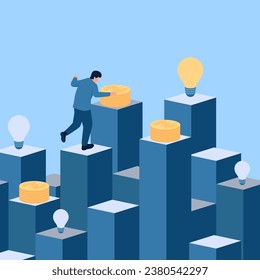 people carefully choose steps towards ideas and money, metaphor of business strategy. Simple flat conceptual illustration.