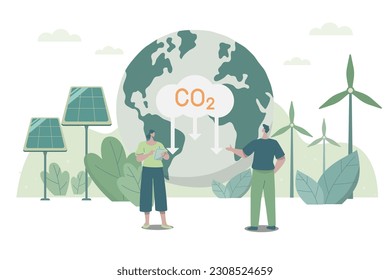 Die Menschen interessieren sich für Ökologie und Umwelt, nutzen saubere Energie, warnen vor CO2-Emissionen, nachhaltiges Umweltmanagement. Konzept des Klimawandels. Vektordesign-Illustration.