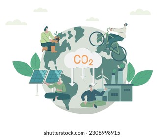 People cares about ecology and environment, using clean energy, warning about CO2 emission, sustainable environmental management. Climate change problem concept.
Vector design illustration.