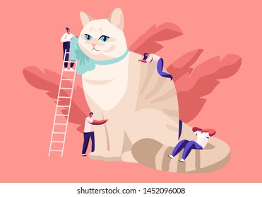 People Caress of Pet. Tiny Male and Female Characters on Ladders Caring of Huge Cat, Feed, Play, Dressing Ribbon on Neck. Leisure, Communication, Love, Care of Animals Cartoon Flat Vector Illustration