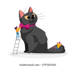 People Caress of Pet. Tiny Male and Female Characters Caring of Huge Cat, Woman Stand on Ladder Dress on Neck Tie on Kitten. Leisure, Communication, Love, Care of Animals. Cartoon Vector Illustration