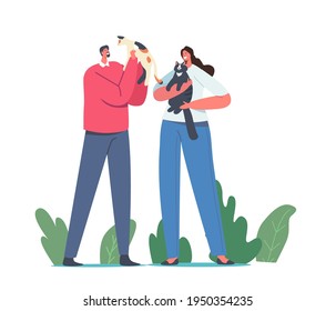 People Caress of Pets. Male and Female Characters Holding Cute Cats, Woman and Man Owners Caring of Kitten. Leisure, Communication, Love, Care of Animals, Carefree Concept. Cartoon Vector Illustration