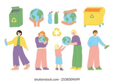People caring about the Earth, sorting and recycling waste. Hand drawn environmental awareness concept in modern flat vector illustration style.
