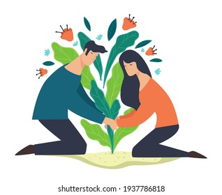 People caring for environment cultivating and growing plants. Man and woman protecting nature and ecosystem, ecologically friendly characters. Flourishing bush of flowers. Vector in flat style