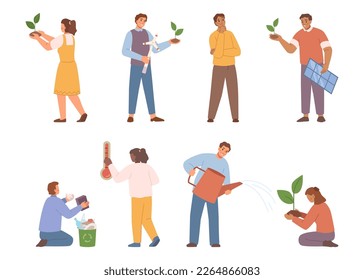 People caring for the planet, isolated ecologically aware characters. Growing plants and sprouts, using renewable sources of energy. Vector in flat style