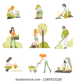 People caring for plants in the garden set, men and women growing agricultural products vector Illustration