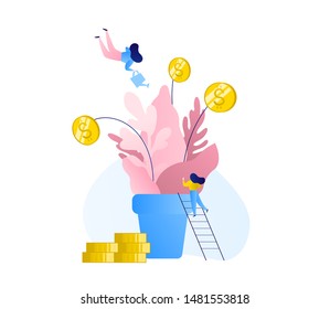 People caring for a tree with an idea. The birth of ideas. Flat Vector illustration.