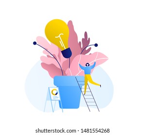 People caring for a tree with an idea. The birth of ideas. Vector illustration.