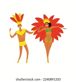 People in carnival costumes, feathers, male, female dancers, isolated on white. Hand drawn characters vector illustration. Brazilian, Colombian carnival concept. Poster, flyer, banner design element