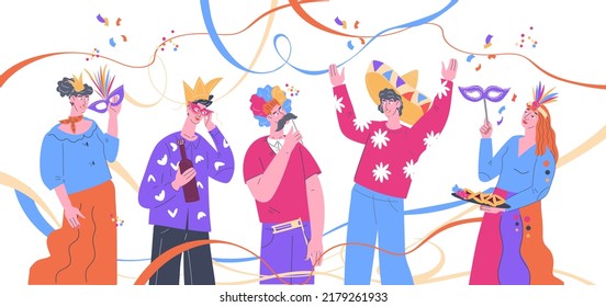 People in carnival costumes and masks. Celebration of traditional holidays and festivals. Carnival event vector illustration isolated on white background.