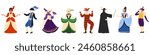 People in carnival costumes and masks dance set. Male and female characters in fancy dresses dancing at Venetian masquerade, festival dancers of fun street party in Venice cartoon vector illustration