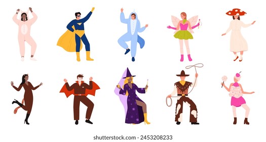 People with carnival costumes set. Happy male and female characters dance to music on Halloween party, cowboy and fairy, witch cat, superhero and vampire on masquerade cartoon vector illustration