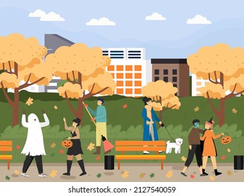 People in carnival costumes walking in city park, vector illustration. Happy Halloween party celebration. Trick or treat