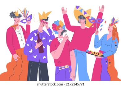 People in carnival masks on festival, carnival or party event, flat vector illustration isolated on white background. Friends celebrating festive event. Birthday party, Purim and Mardi Gras holiday.