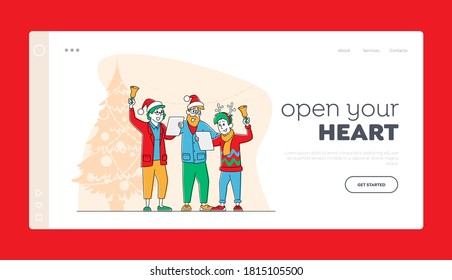 Leute, die an der Xmas Night Landing Page Template mitmachen. Herzlichen Glückwunsch an die Familie, die Weihnachtslieder und Ringelblume im Zimmer trägt, die mit Tannenbaum dekoriert sind. Lineare Vektorgrafik