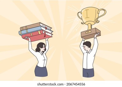 People carry book pile and gold prize in hands. Smiling student get award study learn online, graduate from university or college. Good quality course, distant education concept. Vector illustration. 